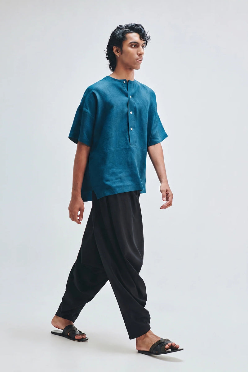 Indigo Linen Men’s Half Sleeves Panelled Shirt Kurta linen shirt by Saphed Men in blue for men Worldwide