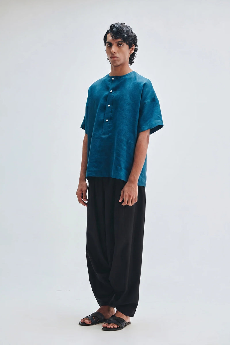 Indigo Linen Men’s Half Sleeves Panelled Shirt Kurta linen shirt by Saphed Men in blue for men Worldwide
