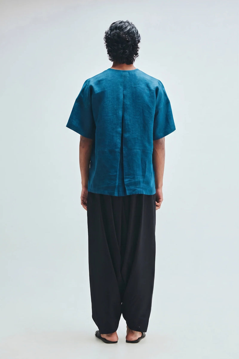 Indigo Linen Men’s Half Sleeves Panelled Shirt Kurta linen shirt by Saphed Men in blue for men Worldwide