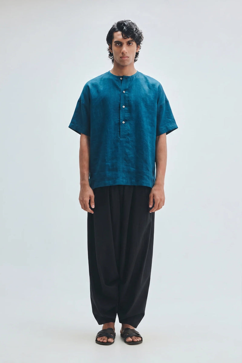 Indigo Linen Men’s Half Sleeves Panelled Shirt Kurta linen shirt by Saphed Men in blue for men Worldwide
