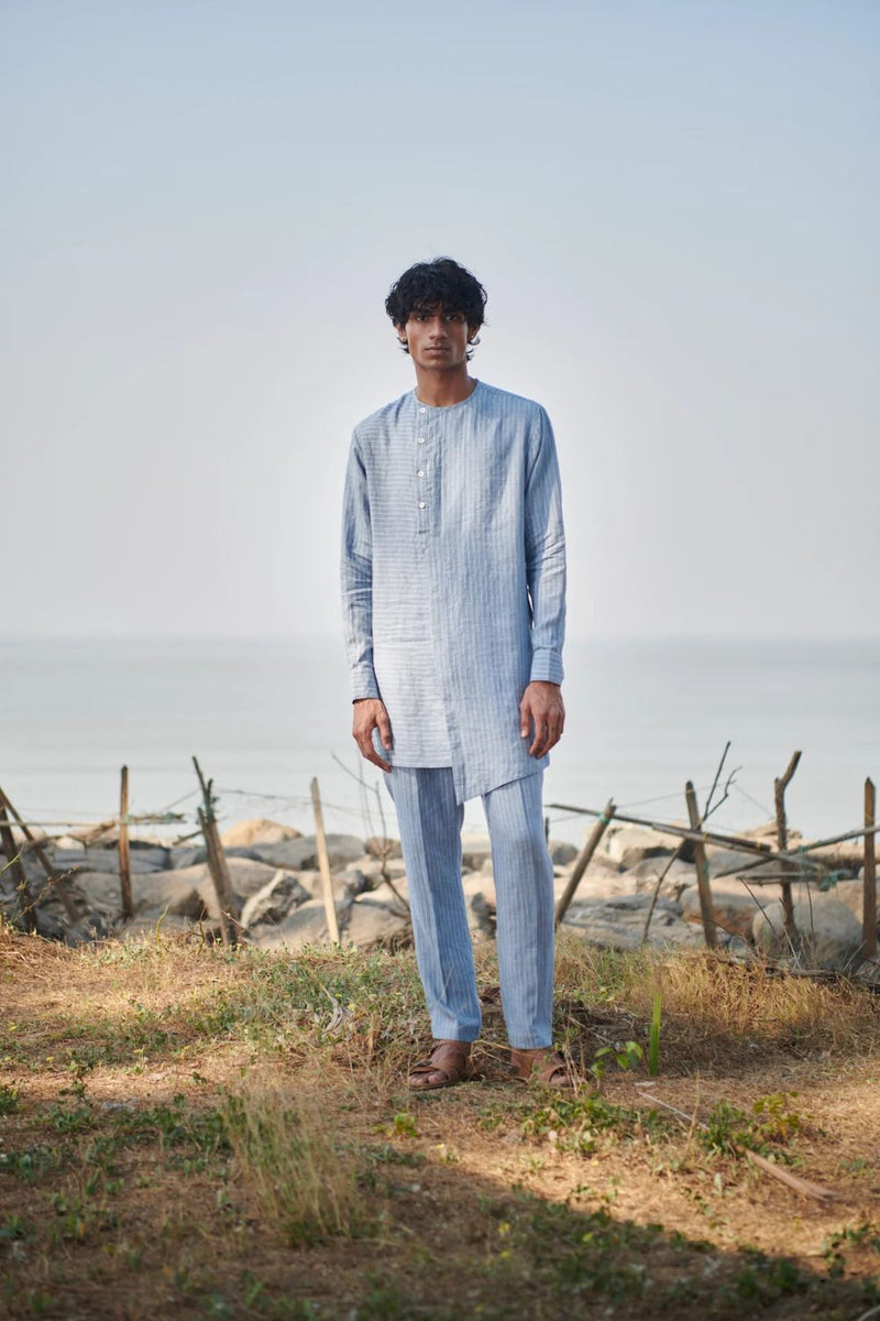 Sky Pinstripe Linen Side Open Kurta Set linen by Saphed Men for men Worldwide