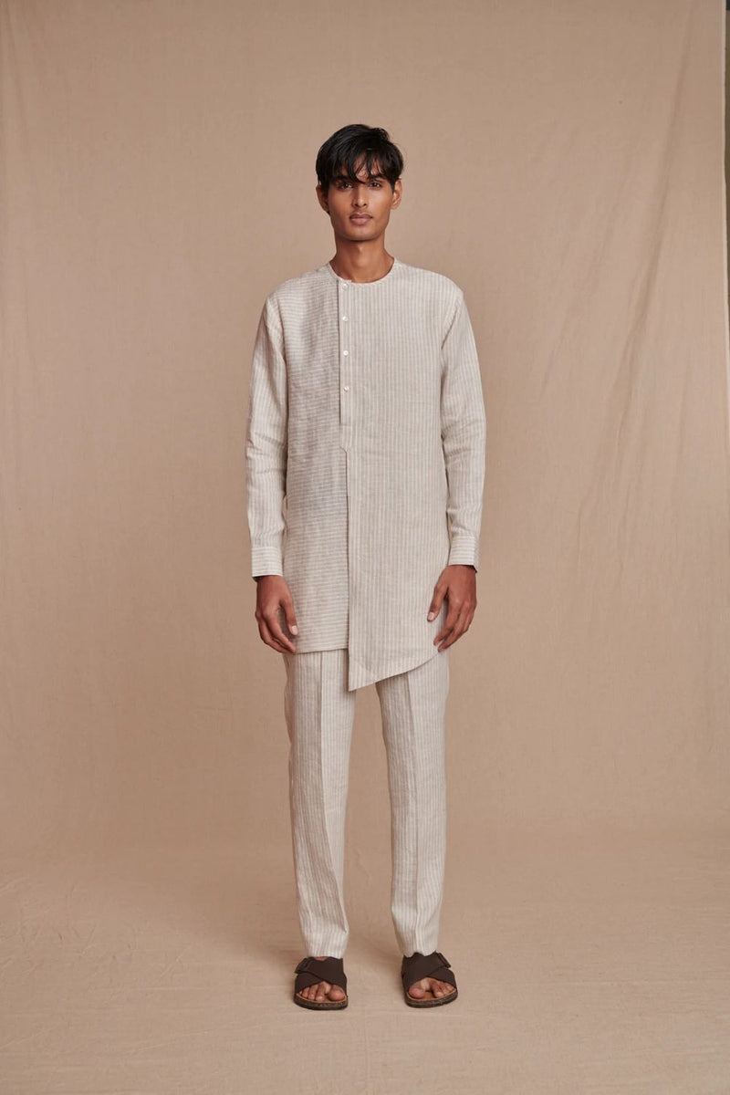 Undyed Pinstripe Linen Side Open Kurta Set linen by Saphed Men for men Worldwide