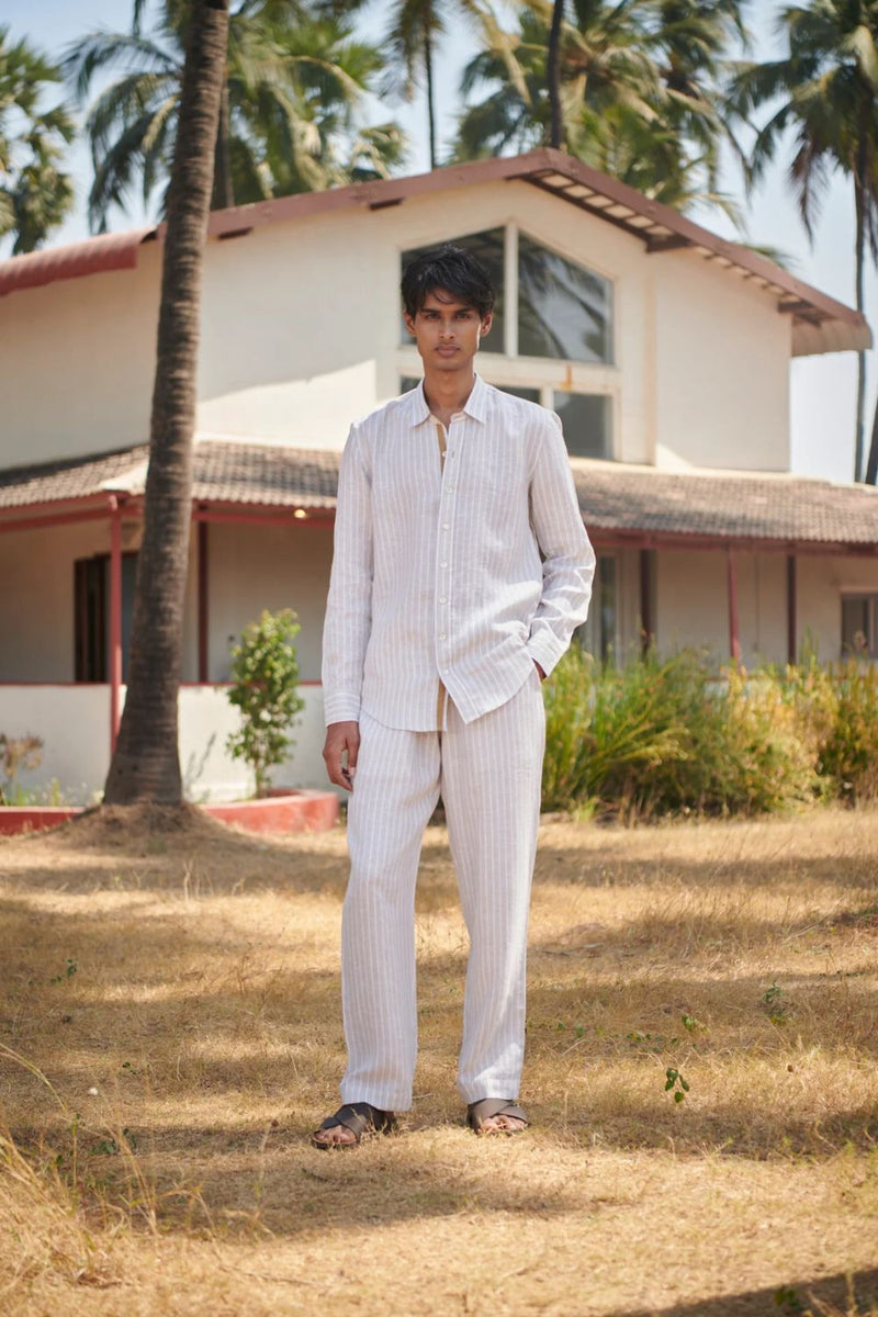 Undyed Boldstripe Linen Men's Oxford Shirt - Slim Fit linen by Saphed Men for men Worldwide