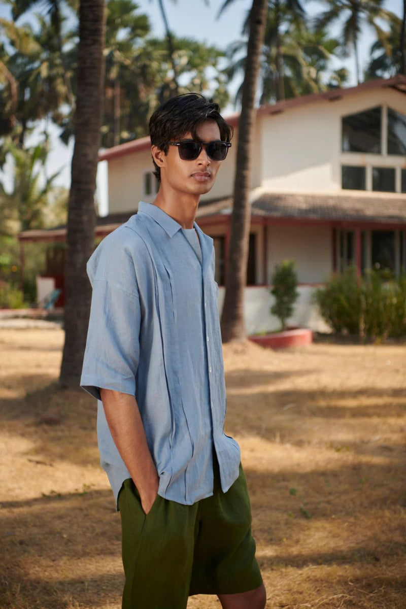 Sky Linen Men's Pleated Camp Collar Shirt linen by Saphed Men for men Worldwide