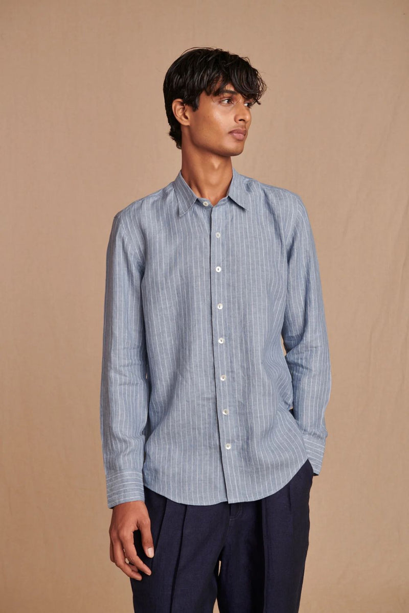 Sky Pinstripe Linen Men's Oxford Shirt - Slim Fit linen by Saphed Men for men Worldwide
