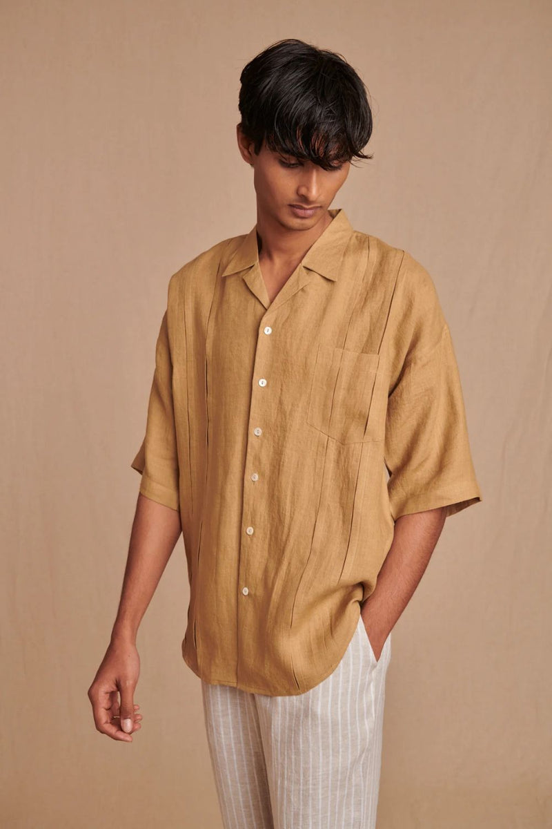 Husk Linen Men's Pleated Camp Collar Shirt linen by Saphed Men for men Worldwide