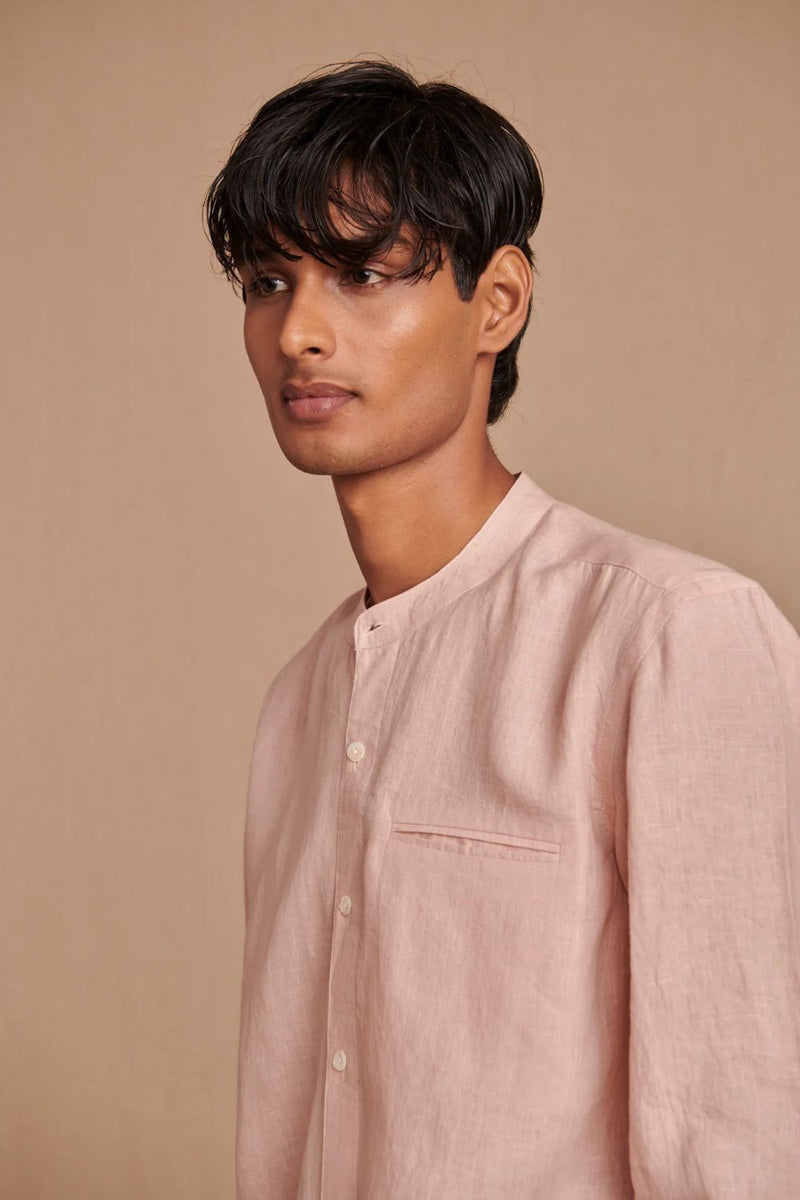 Blush Linen Men's Band Collar Shirt - Slim Fit linen by Saphed Men for men Worldwide