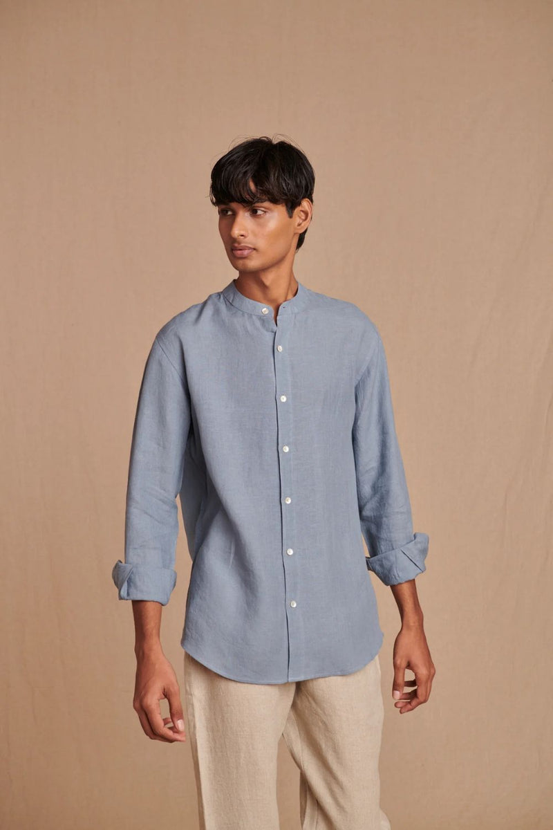 Sky Linen Men's Band Collar Shirt linen by Saphed Men for men Worldwide
