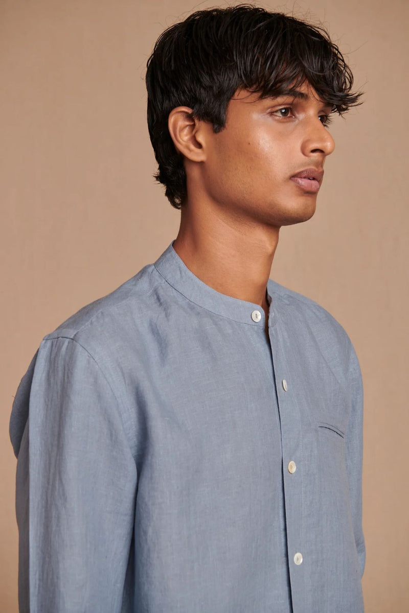 Sky Linen Men's Band Collar Shirt - Slim Fit linen by Saphed Men for men Worldwide