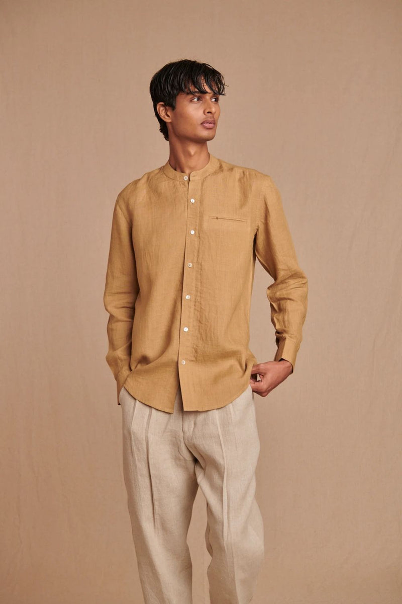 Husk Linen Men's Band Collar Shirt - Slim Fit linen by Saphed Men for men Worldwide