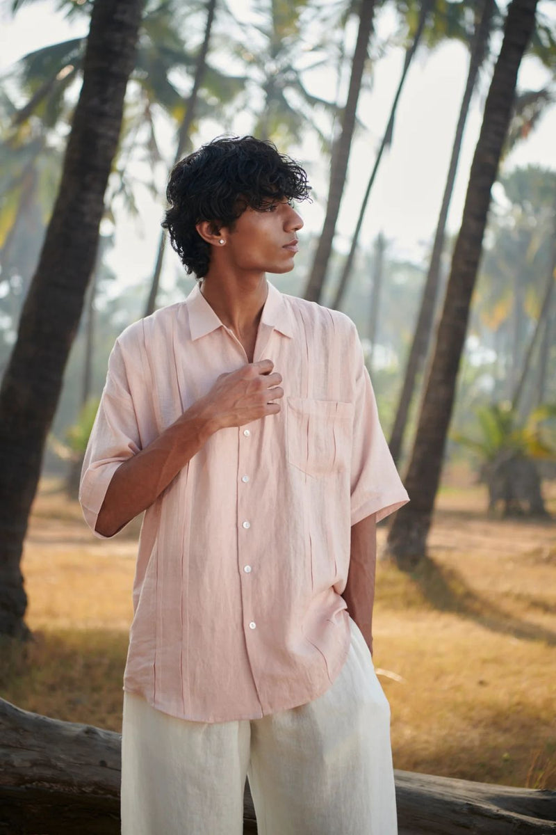 Blush Linen Men's Pleated Camp Collar Shirt linen by Saphed Men for men Worldwide