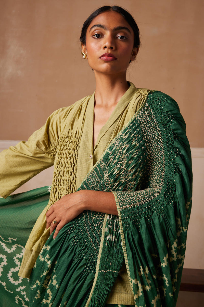 Smocked Saree-Emerald Spiral cotton by CORD for women Worldwide