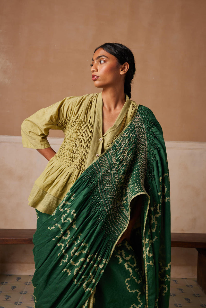 Smocked saree+top-Emerald Spiral cotton by CORD for women Worldwide