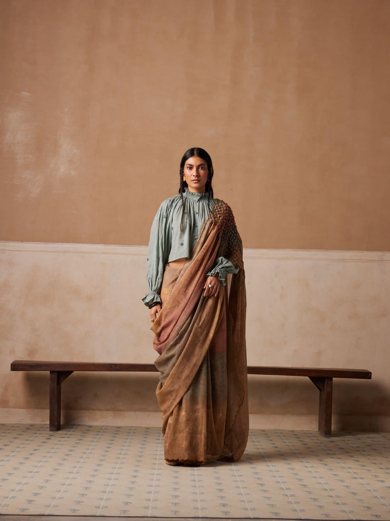 Smocked saree+top -Pale Blue & Tan cotton by CORD for women Worldwide
