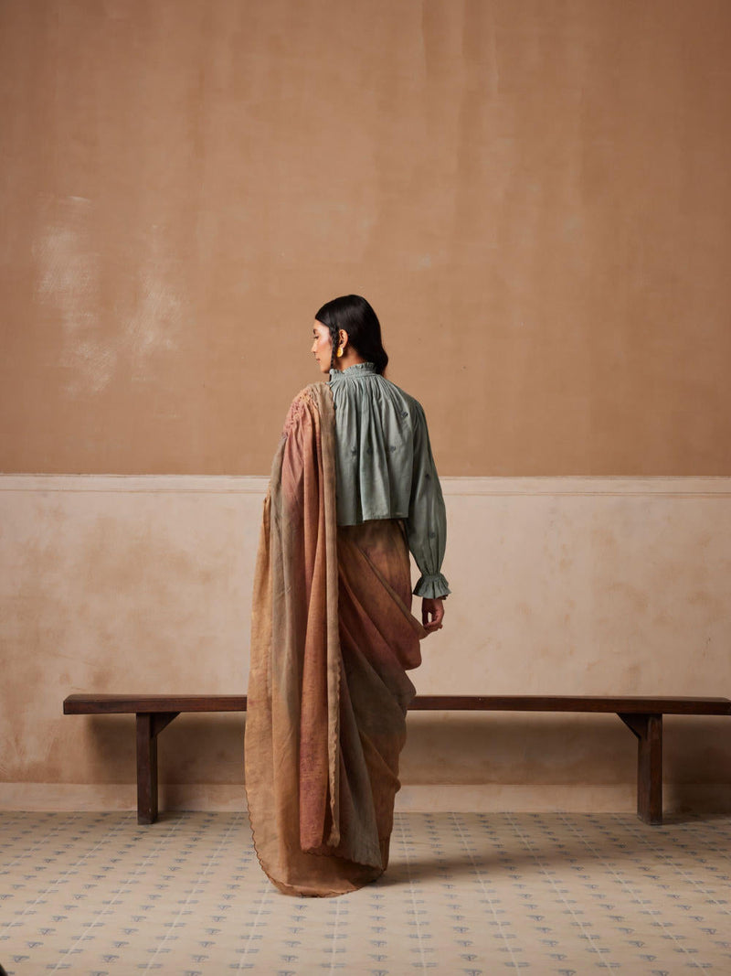 Smocked saree+top -Pale Blue & Tan cotton by CORD for women Worldwide