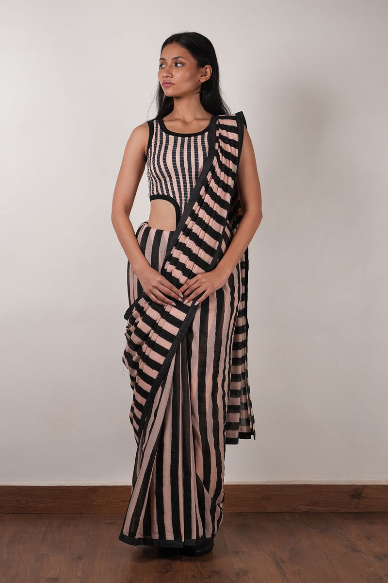Pink with Charcoal Block Printed Saree cotton by Mati in pink color for women Worldwide