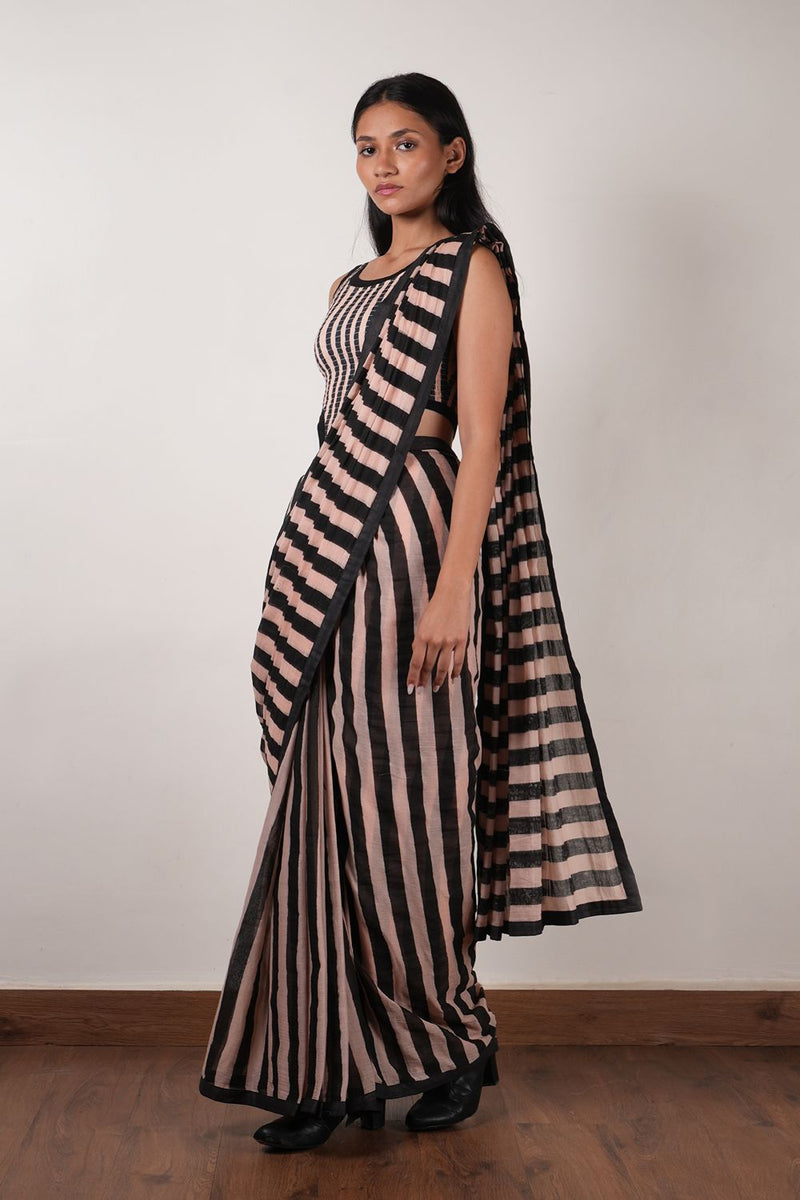 Pink with Charcoal Block Printed Saree cotton by Mati in pink color for women Worldwide