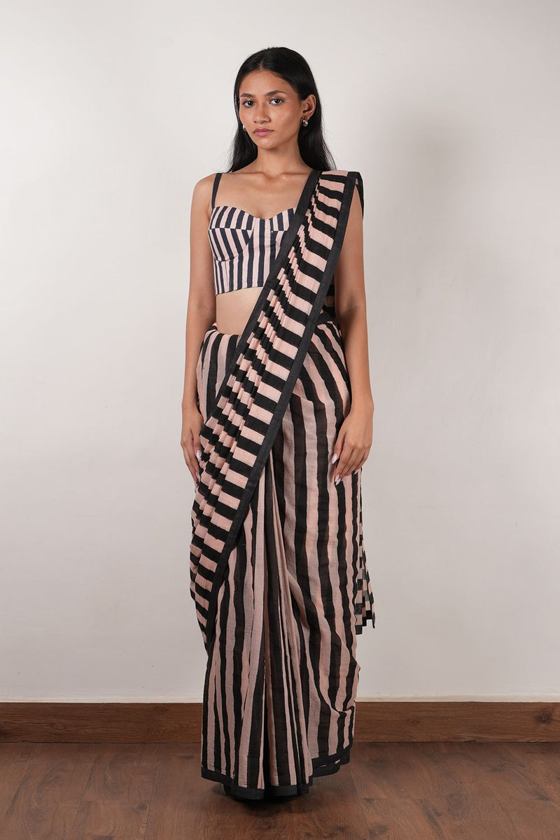 Pink with Charcoal Block Printed Saree cotton by Mati in pink color for women Worldwide