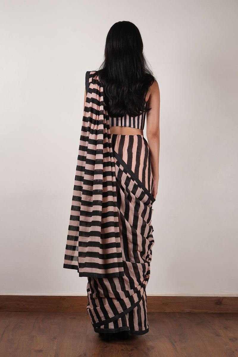 Pink with Charcoal Block Printed Saree cotton by Mati in pink color for women Worldwide
