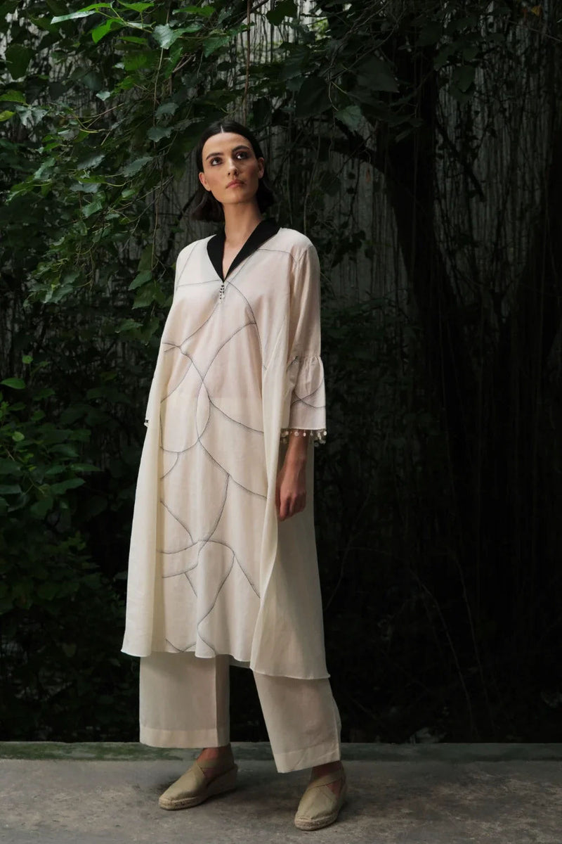 ‘Saryu’ Ivory cotton muslin tunic mualin kurta/kurta set by Malika Mathur in ivory for women Worldwide