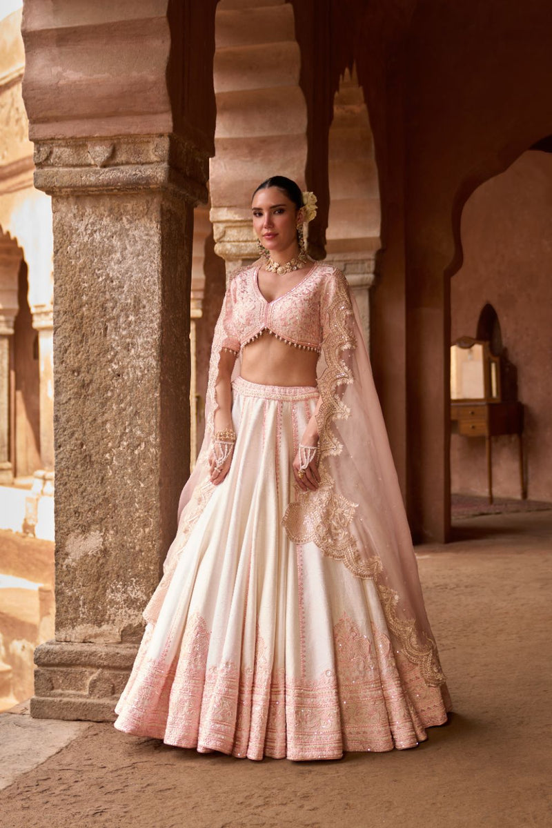 SAYEEDA - DAISY IVORY WITH PINK EMBROIDERED LEHENGA silk organza lehenga sets by SHEETAL BATRA in daisy ivory with pink for women Worldwide
