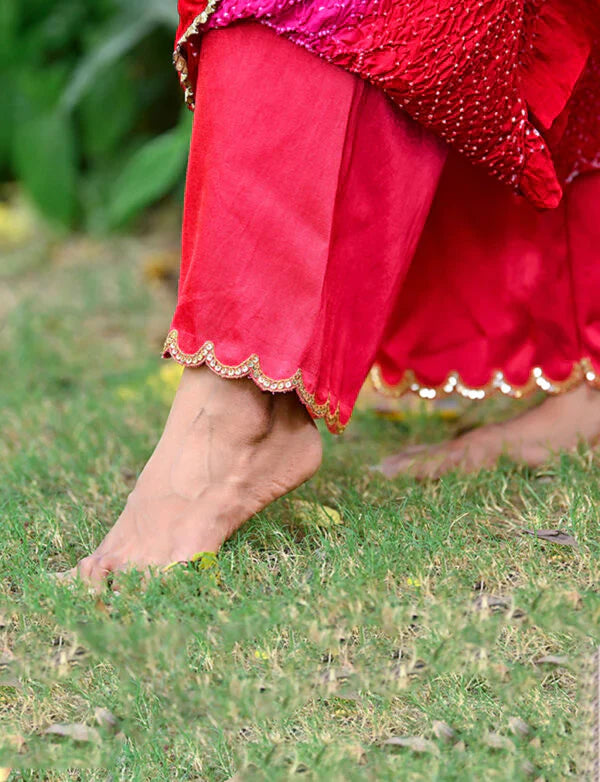 SCALLOP EMBROIDERED PANTS-RED silk by Dyelogue in red color for women Worldwide