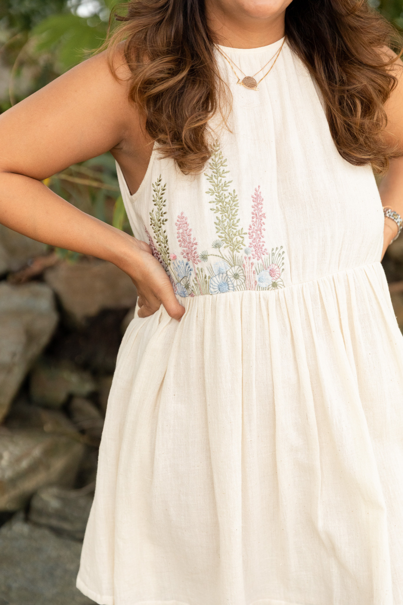 Sea of Flowers halter neck handwoven dress cotton Dresses by SUI in white color for women Worldwide