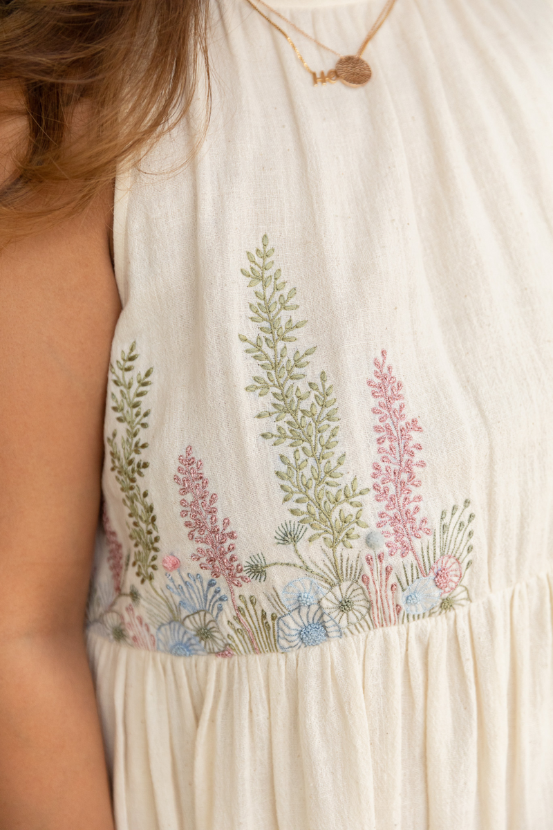 Sea of Flowers halter neck handwoven dress cotton Dresses by SUI in white color for women Worldwide