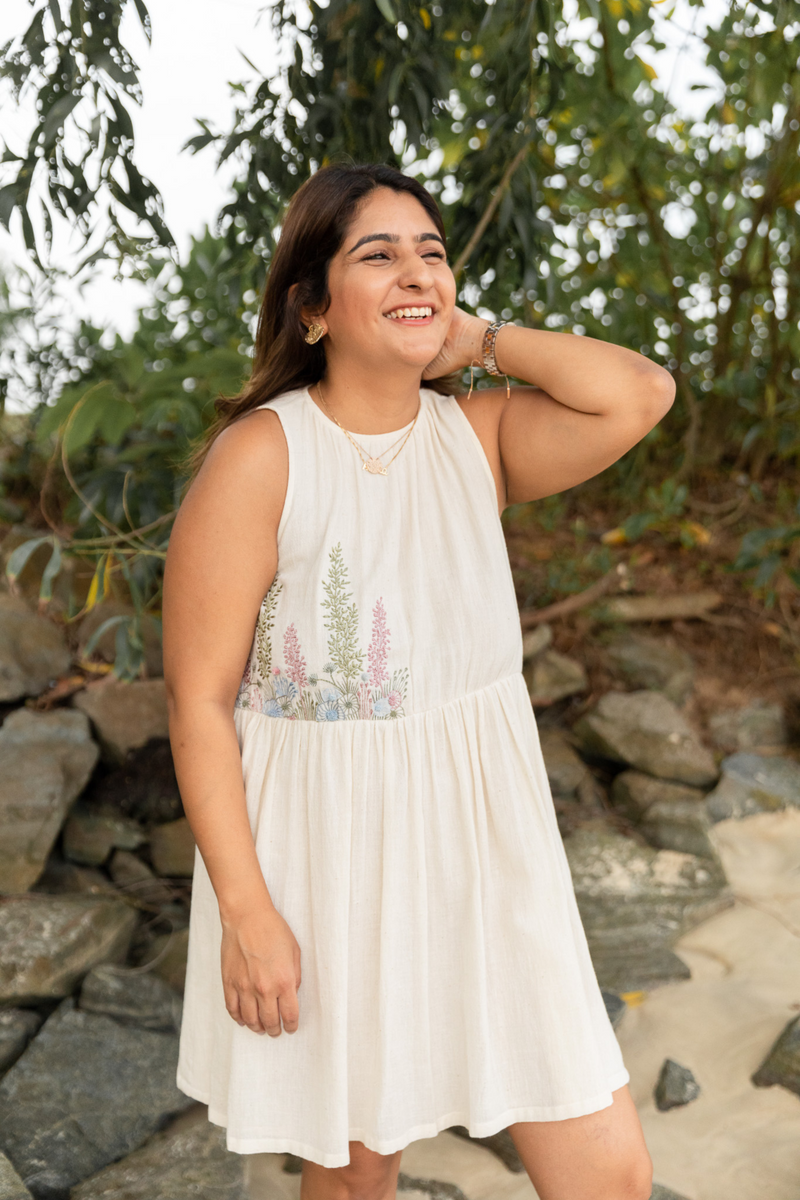Sea of Flowers halter neck handwoven dress cotton Dresses by SUI in white color for women Worldwide