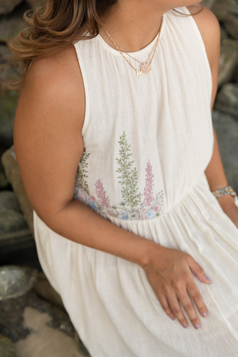 Sea of Flowers halter neck handwoven dress cotton Dresses by SUI in white color for women Worldwide