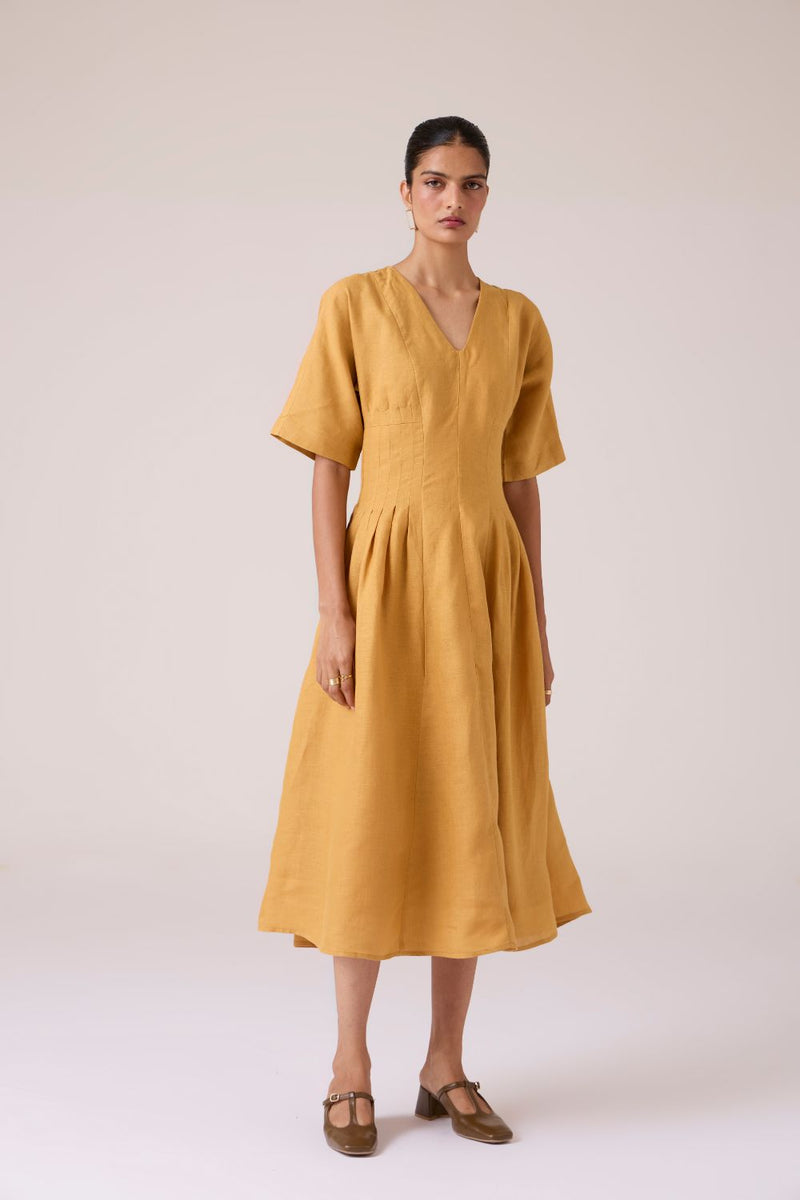 Selene Mustard Linen Dress linen by The Summer House in mustard color for women Worldwide