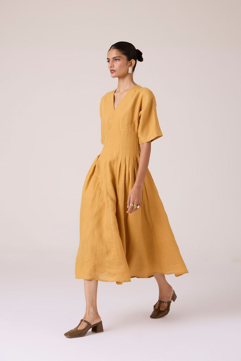 Selene Mustard Linen Dress linen by The Summer House in mustard color for women Worldwide