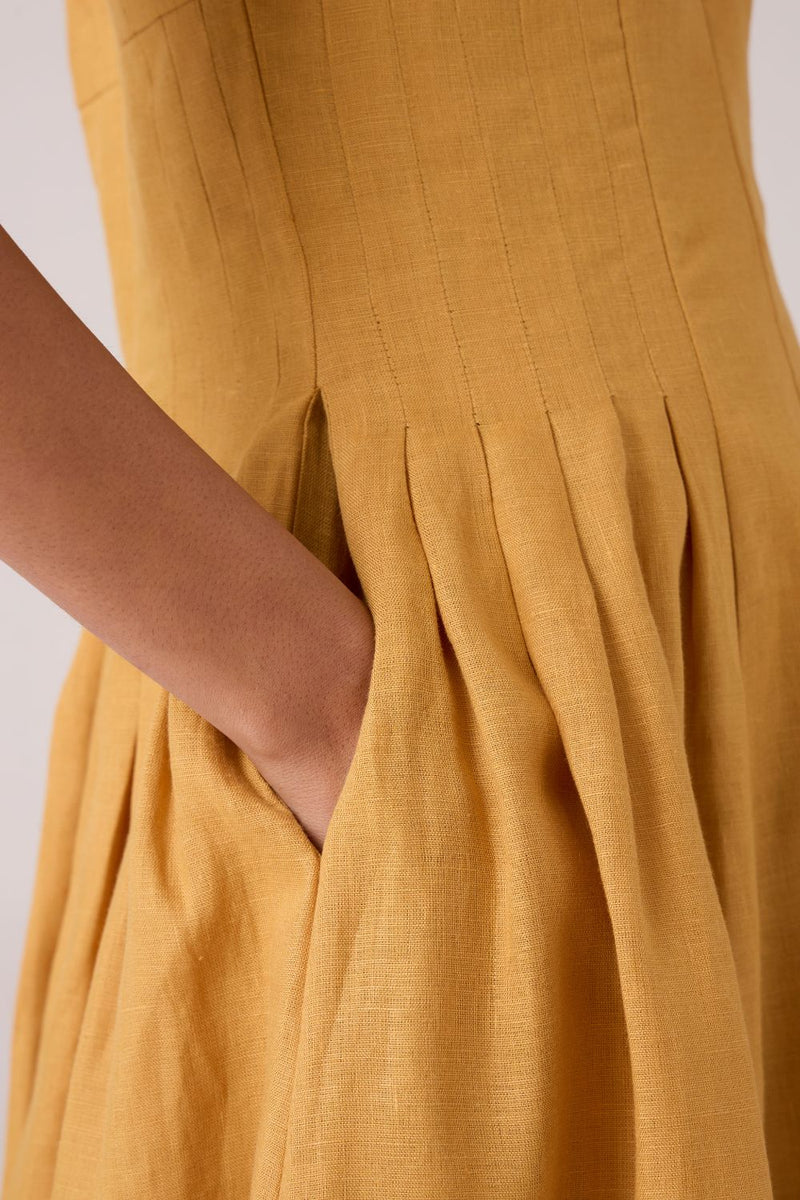 Selene Mustard Linen Dress linen by The Summer House in mustard color for women Worldwide