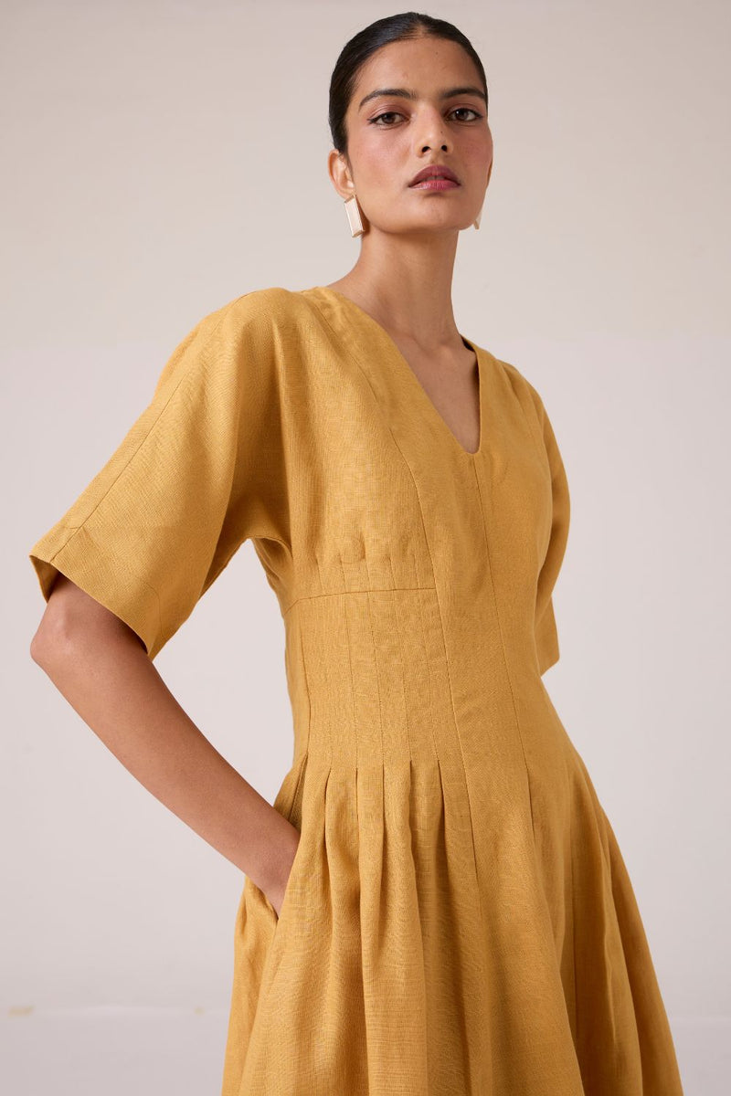 Selene Mustard Linen Dress linen by The Summer House in mustard color for women Worldwide