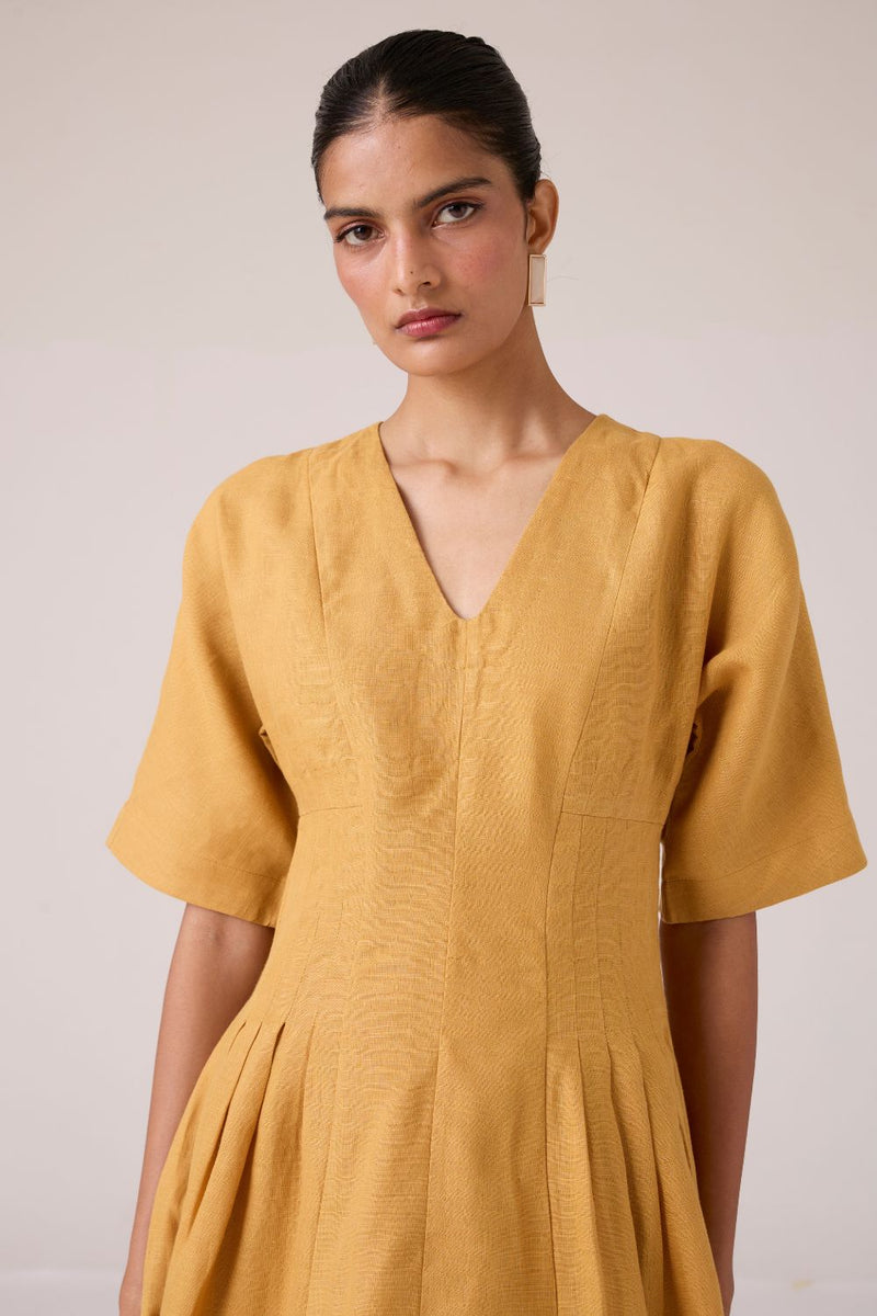 Selene Mustard Linen Dress linen by The Summer House in mustard color for women Worldwide