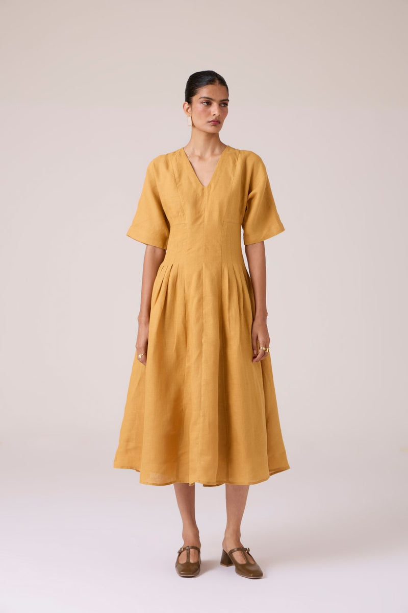 Selene Mustard Linen Dress linen by The Summer House in mustard color for women Worldwide