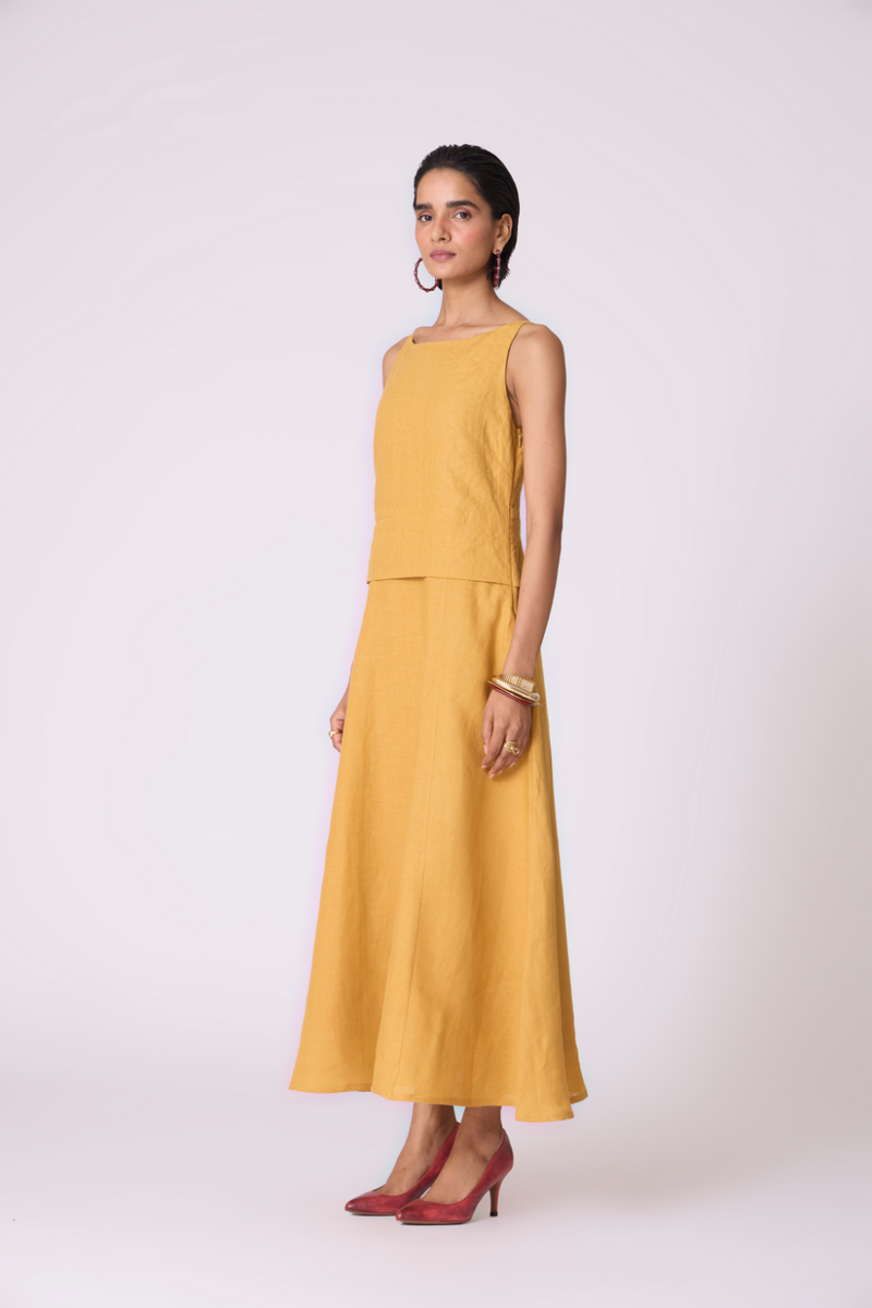 Senaka Yellow Linen Panelled Dress all linen by The Summer House in yellow color for women Worldwide