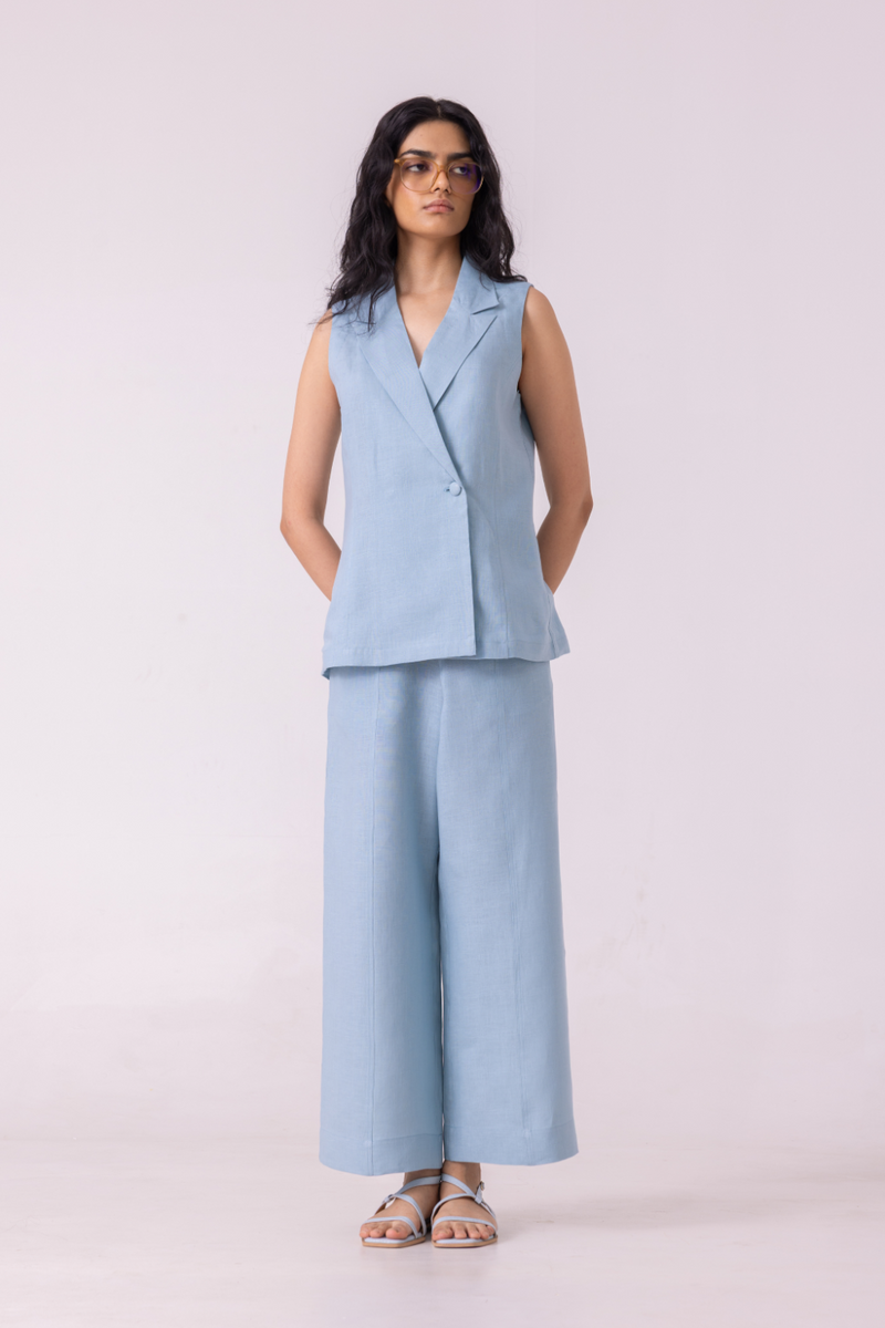 Serena Blue Linen Vest all linen by The Summer House for women Worldwide