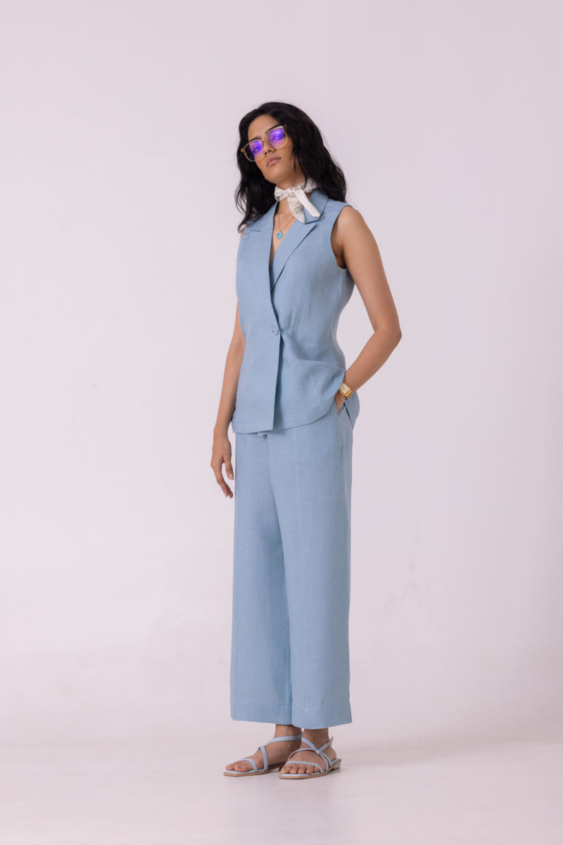 Serena Blue Linen Vest all linen by The Summer House for women Worldwide