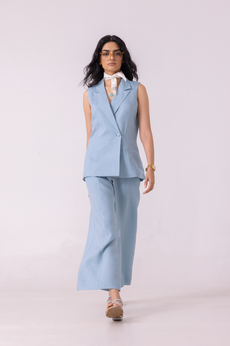 Serena Blue Linen Vest all linen by The Summer House for women Worldwide