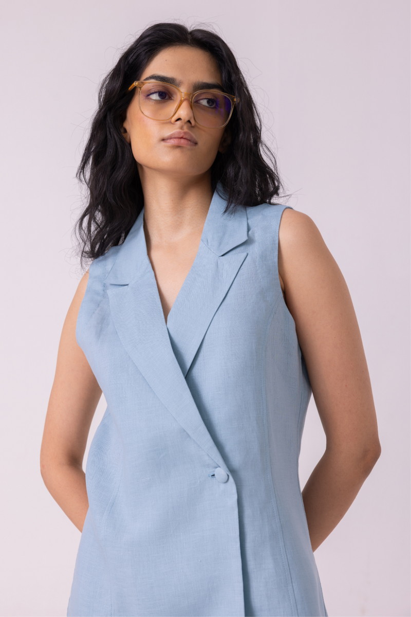 Serena Blue Linen Vest all linen by The Summer House for women Worldwide