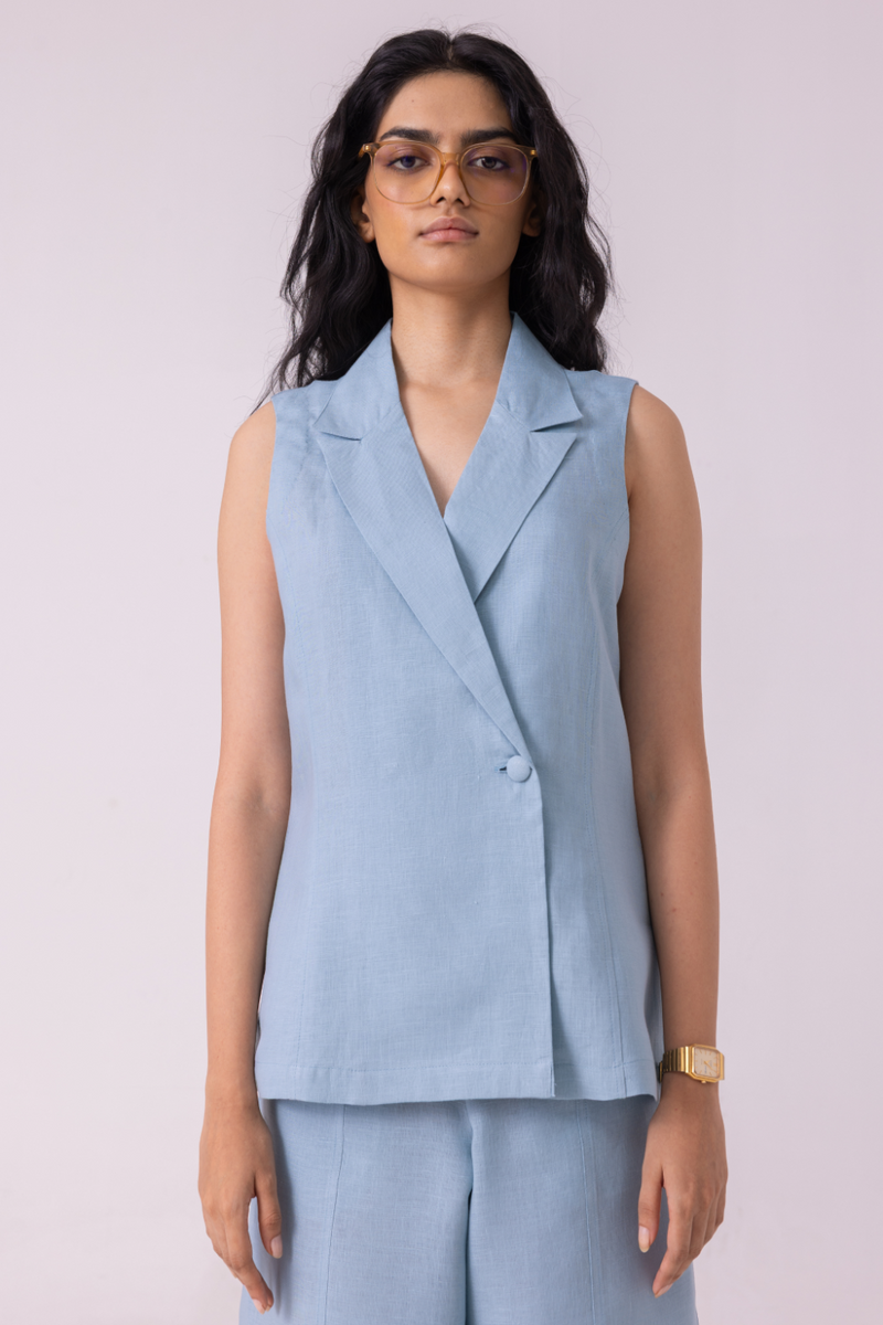Serena Blue Linen Vest all linen by The Summer House for women Worldwide