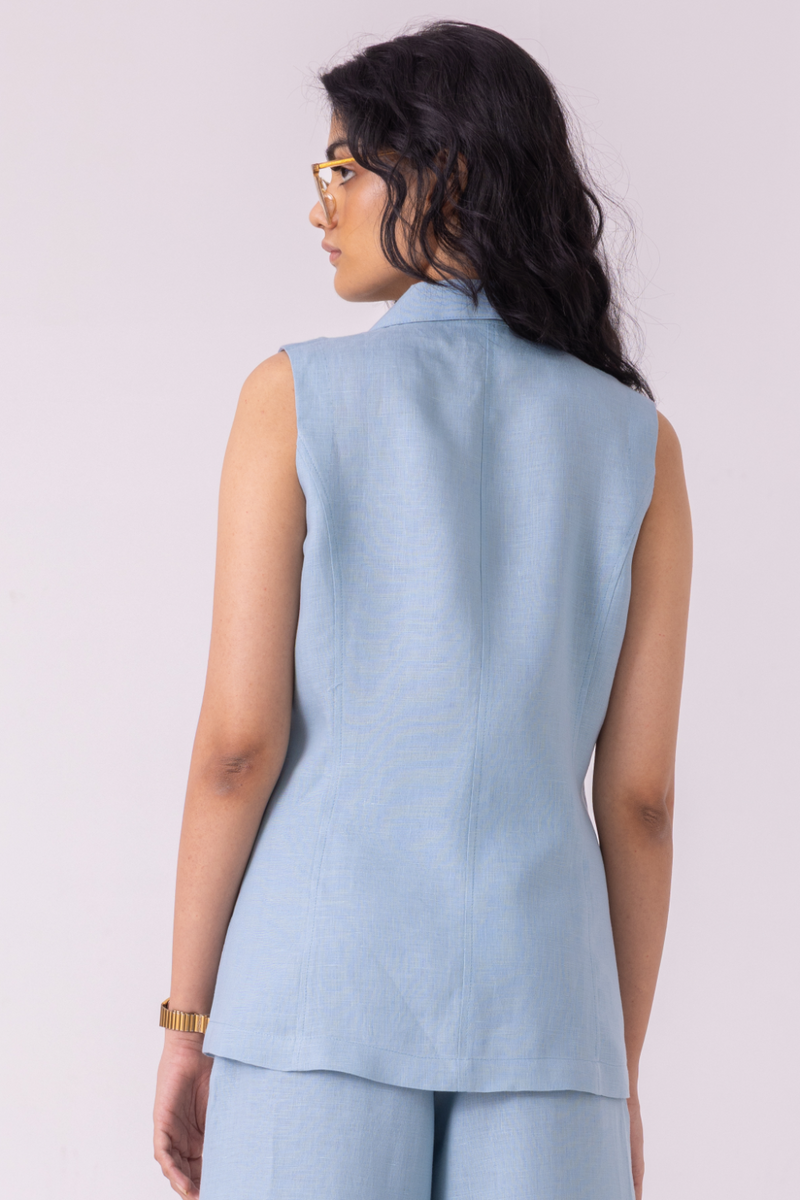 Serena Blue Linen Vest all linen by The Summer House for women Worldwide