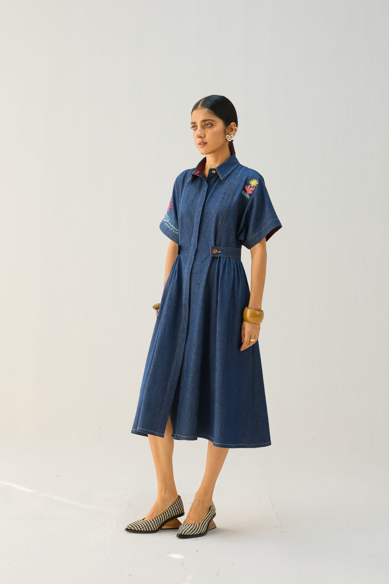 Shades Of Blue Sustainable Denim Dress cotton by Sui in blue color for women Worldwide