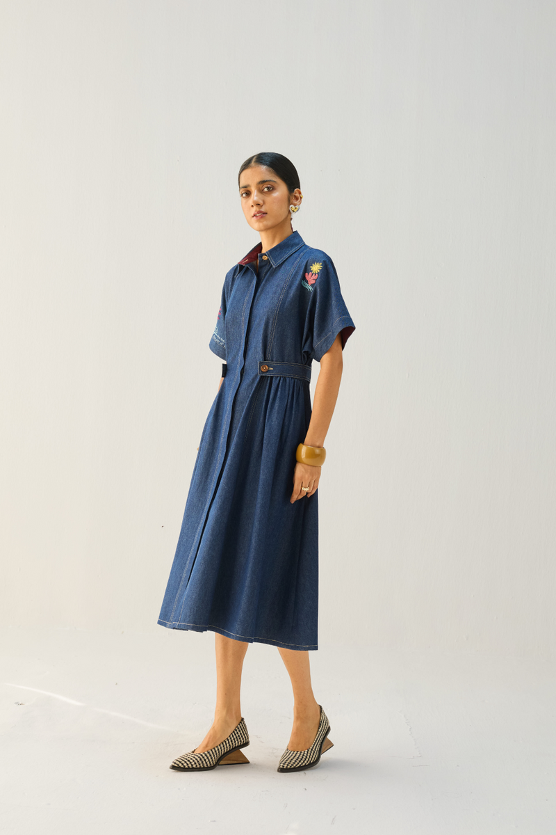 Shades Of Blue Sustainable Denim Dress cotton by Sui in blue color for women Worldwide