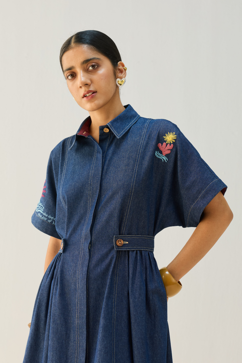 Shades Of Blue Sustainable Denim Dress cotton by Sui in blue color for women Worldwide