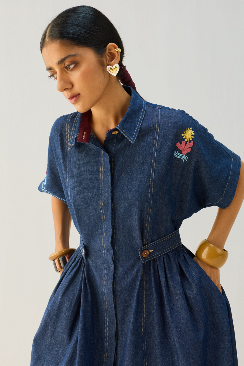 Shades Of Blue Sustainable Denim Dress cotton by Sui in blue color for women Worldwide