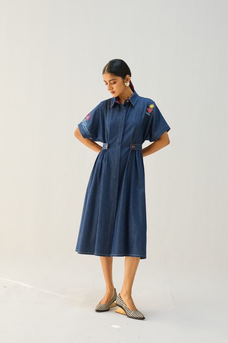 Shades Of Blue Sustainable Denim Dress cotton by Sui in blue color for women Worldwide