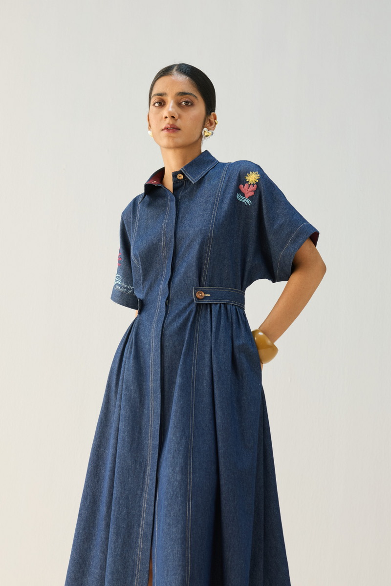 Shades Of Blue Sustainable Denim Dress cotton by Sui in blue color for women Worldwide