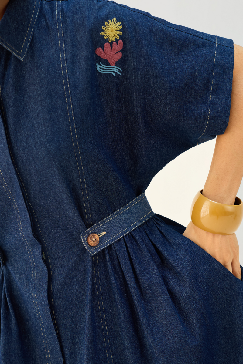 Shades Of Blue Sustainable Denim Dress cotton by Sui in blue color for women Worldwide